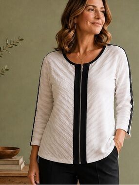 ALFANI | Ivory Textured Zip Front Jacket |  Large | Modern Classic Office